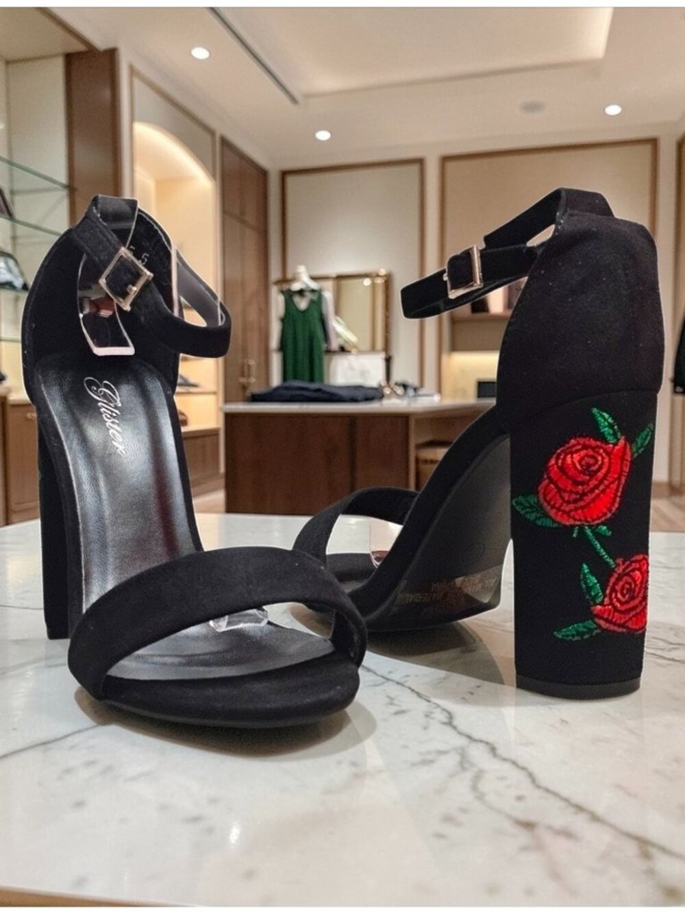 Black Faux Suede Block Heel Sandals With Rose Embroidery & Ankle Strap